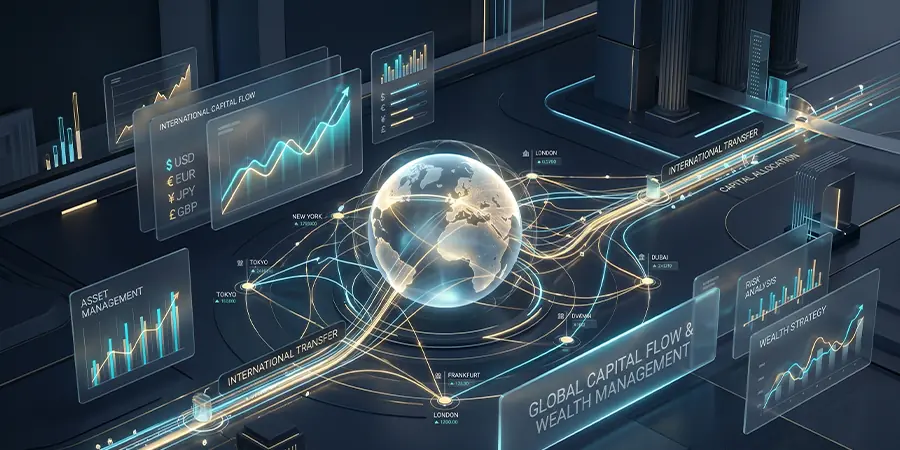 High-end global wealth management concept featuring glowing glassmorphism financial charts and international transfer nodes on a dark navy background.