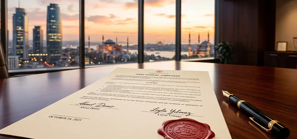 Official legal document with a red wax seal representing company formation in Türkiye, with the Istanbul skyline in the background.