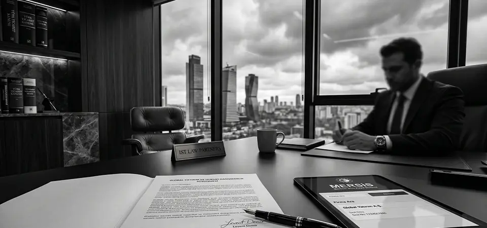 A cinematic black and white view of a modern corporate law office desk in Maslak, Istanbul, featuring a legal document, a luxury fountain pen, and a tablet displaying the MERSIS registry interface, with skyscrapers in the background.