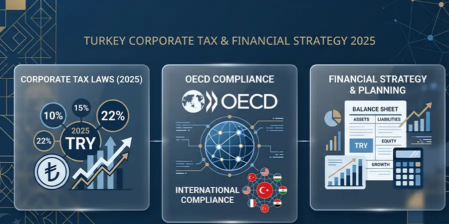 A modern 2D vector illustration representing Turkey corporate tax laws, OECD compliance, and financial strategy for 2025, featuring three glassmorphism panels with financial charts, global network nodes, and a balance sheet on a dark blue background.