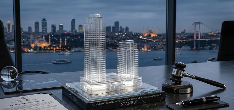 Luxurious conceptual glass architectural model on a dark marble desk with a judge's gavel and fountain pen, representing real estate law and investment in Turkey.