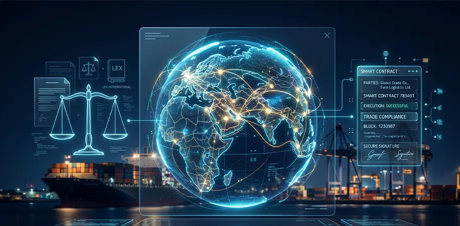 A high-end digital visualization of a glowing globe with trade routes, modern scales of justice, a smart contract interface, and cargo ships, representing international trade law and global supply chain logistics.