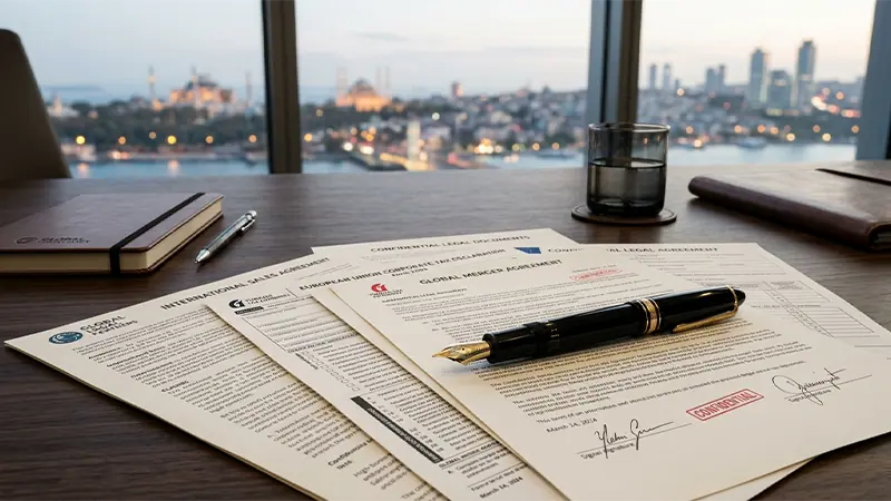Official legal documents and a pen on a corporate desk representing Turkey double tax treaties and international agreements.